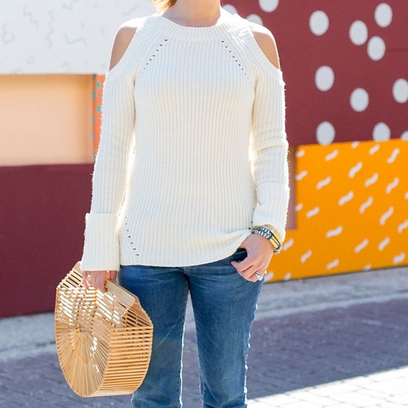 Olivia Palermo Chelsea28 cold shoulder ribbed cream winter pontelle sweater - Picture 3 of 11